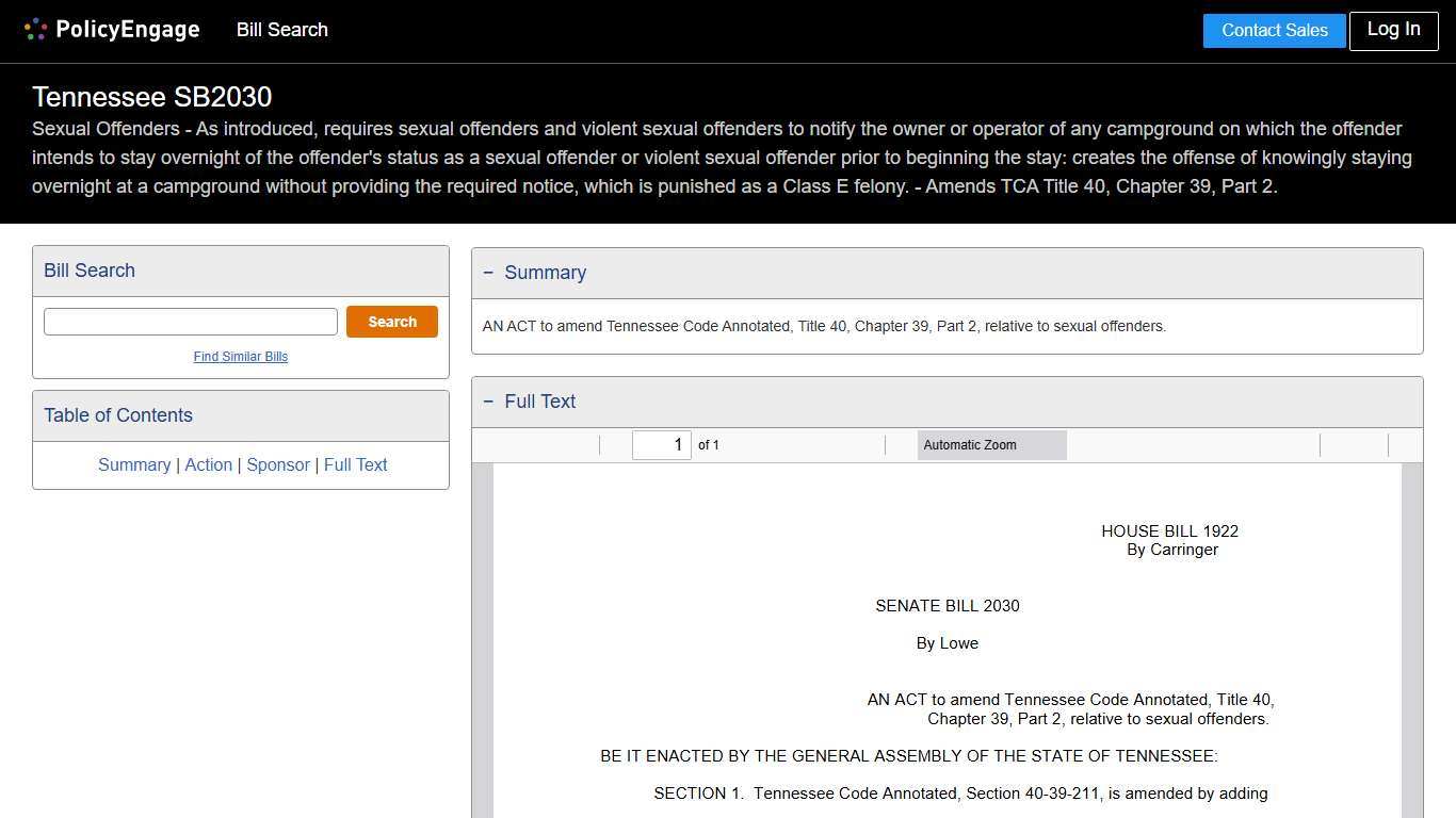 SB2030 Tennessee 2025-2026 Sexual Offenders - As introduced, requires sexual offenders and violent sexual offenders to notify the owner or operator of any campground on which the offender intends to stay overnight of the offender's status as a sexual offender or violent sexual offender prior to beginning the stay: creates the offense of knowingly staying overnight at a campground without providing the required notice, which is punished as a Class E felony. - Amends TCA Title 40, Chapter 39, Part